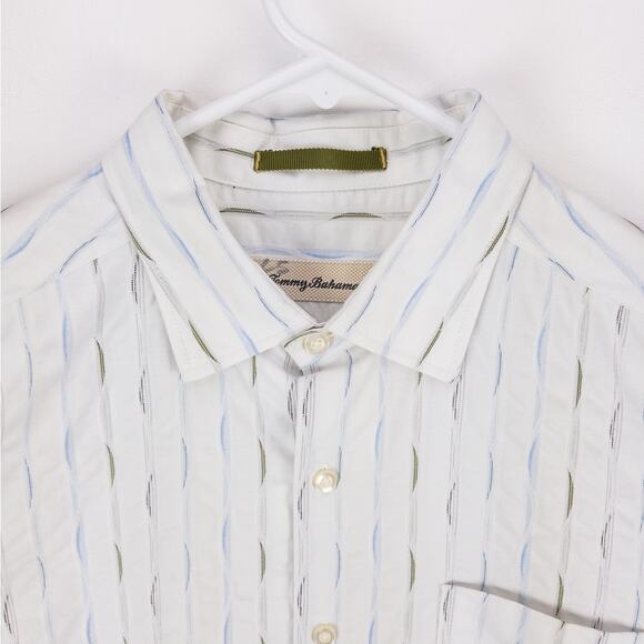 Tommy Bahama Silk Blend Buton Down Men's Medium White with Geometric Blue Green - Picture 2 of 12